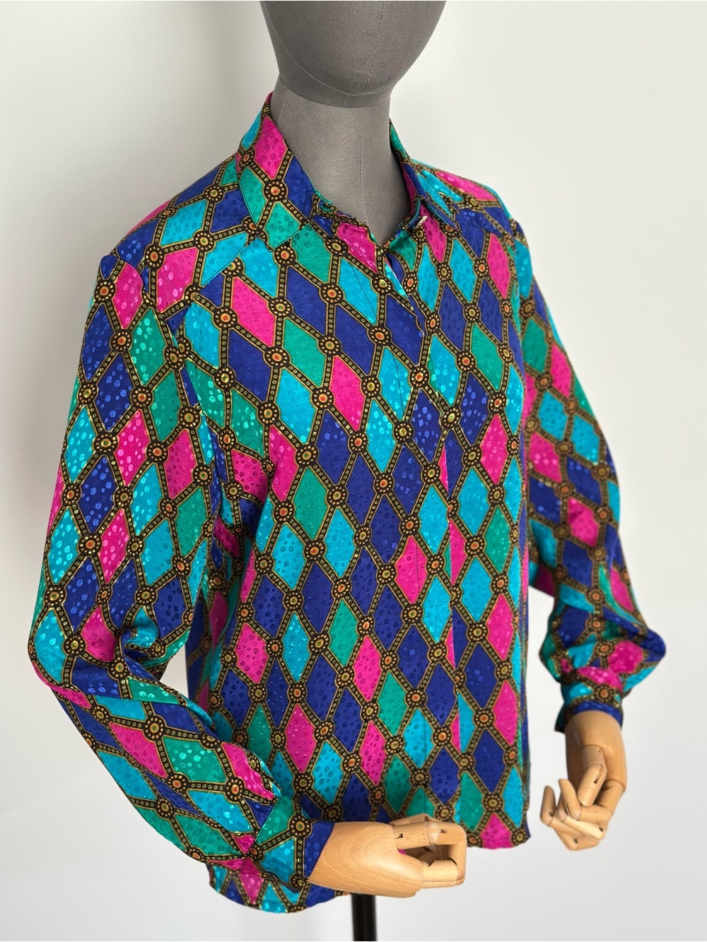 Colorful Geometric Print Button Up Shirt Jewel Tone Blouse Diamond Pattern